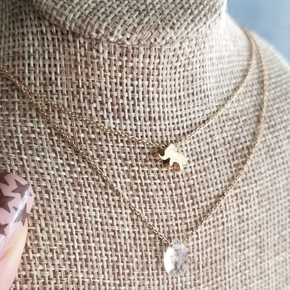 Double Layer Gold Elephant and Crystal Necklace